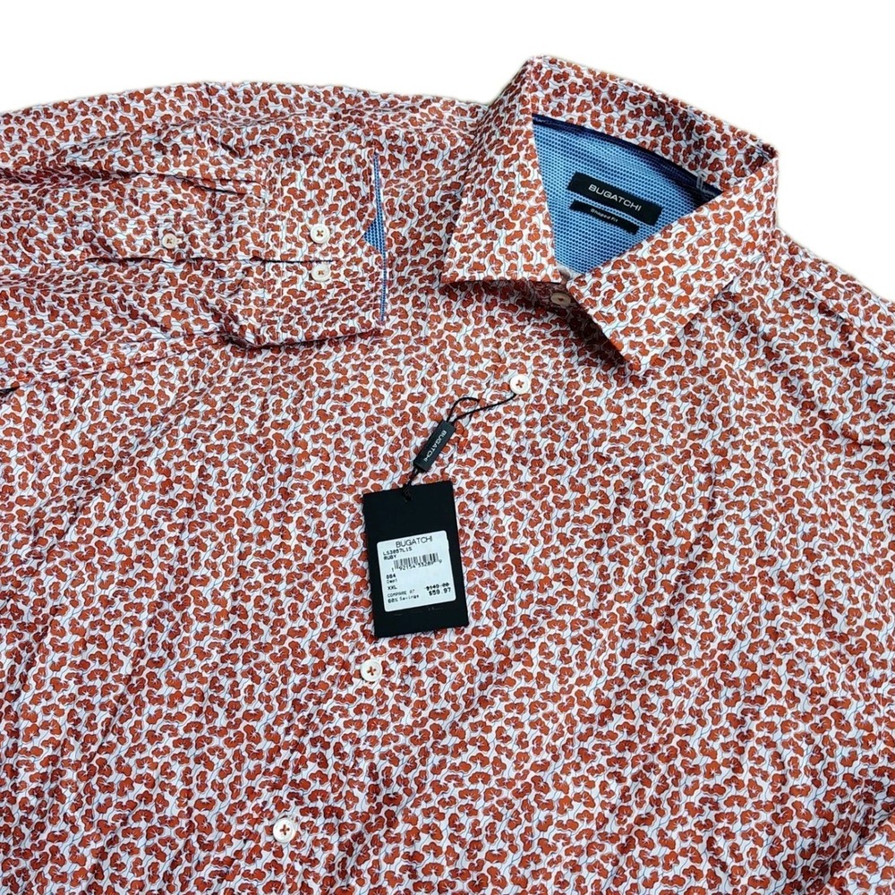 Bugatchi Button Down Dress Shirt Mens XXL Ruby Red Floral Shaped Fit NEW